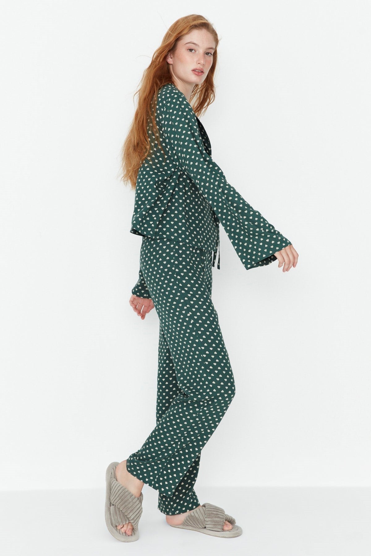 Powder Heart Pattern Drawstring Detailed Shirt-pants Woven Sleepwear Set Thmaw22pt0300