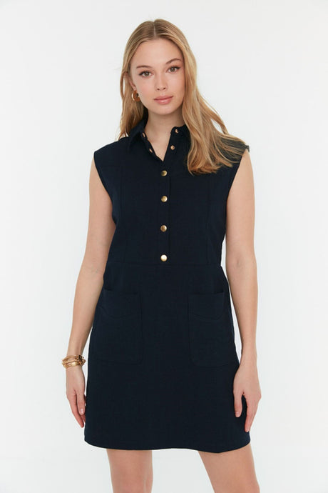 Navy Blue Straight Cut Pocket Shirt Collar Linen Look Mini Woven Dress Twoss22el1068