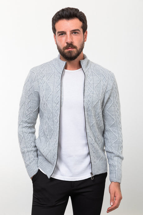 Braided Grey Slim Fit Dominant Collar Zipper Wool Men's Knitwear Cardigan 11236.23k