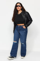 Dark Blue High Waist Wide Leg Ripped Jeans Tbbss22je00006