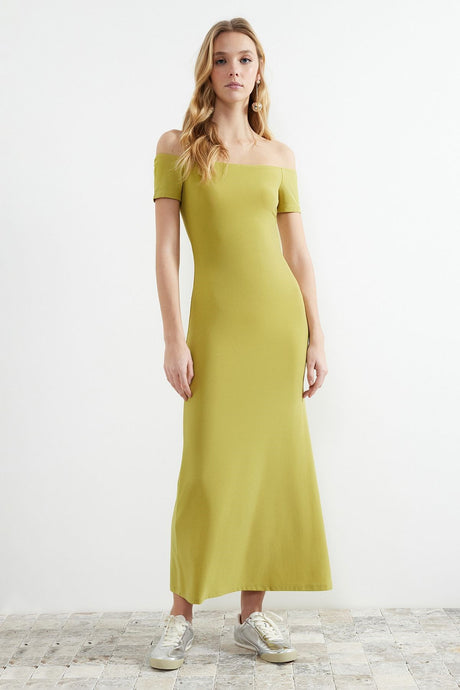 Green Carmen Collar Fitted/body Fit Flexible Knitted Maxi Pencil Dress Twoss24el00096