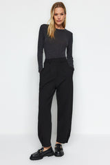 Black Pleated Wide/casual Cut High Waist Carrot Fit Interlock Knitted Pants Twoaw24pl00143