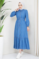 Denim Dress With Frill Frills Dark Blue 2093