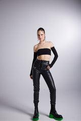 Eyelet Detailed Chunky Vegan Leather Rebel Pants With Zipper Black Hlrebelpants