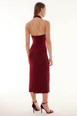 Burgundy Degaje Collar Flexible Knitted Midi Pencil Dress Twoss24el00106