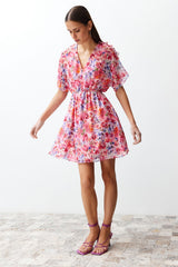 Pink Floral Print Waist Ruffle Detail Lined Chiffon Mini Woven Dress Twoss24el00638