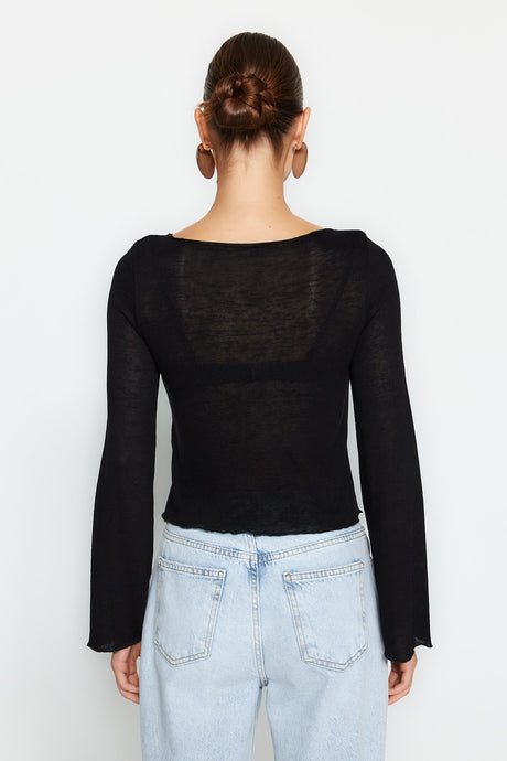 Black Boat Neck Regular Fit Crop Knit Blouse Twoaw24bz00156