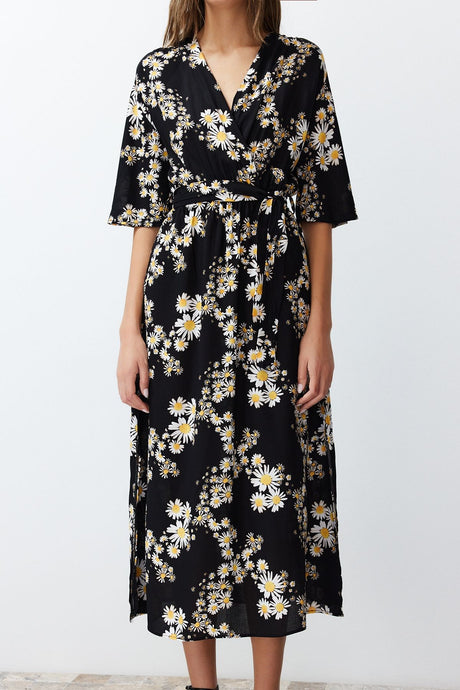 Black Belted Floral Print A Cut Double Neck Midi Woven Dress Twoss24el00915