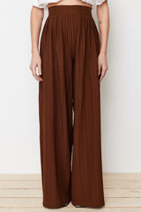 Pleated Detailed Wide Leg/wide Leg Dark Brown Textured Fabric Woven Pants Twoss24pl00057