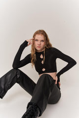 Crew Neck Long Sleeve Chest Detailed Crop Frank Blouse Black Hlfrankblouse