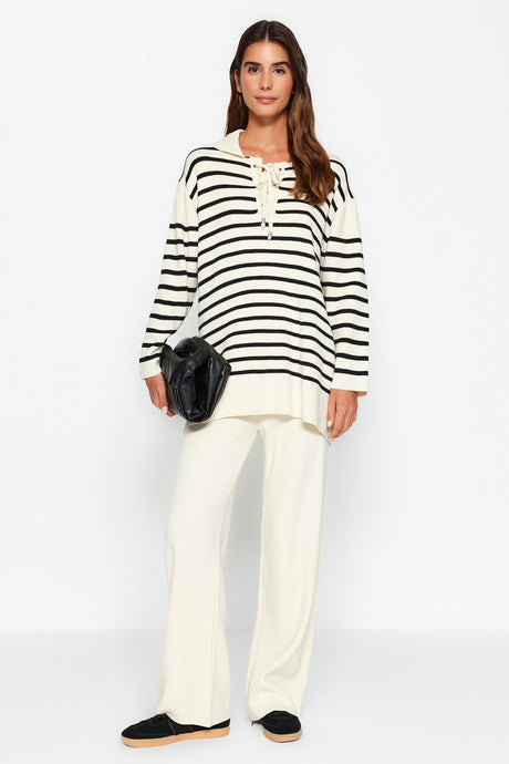 Navy Striped Collar Drawstring Detailed Sweatshirt-pants Knitwear Bottom-top Suit Tctaw24us00080