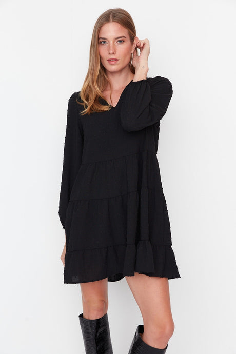 Black Mini Woven Wide Cut Textured Ruffle Dress Twoaw23el01479