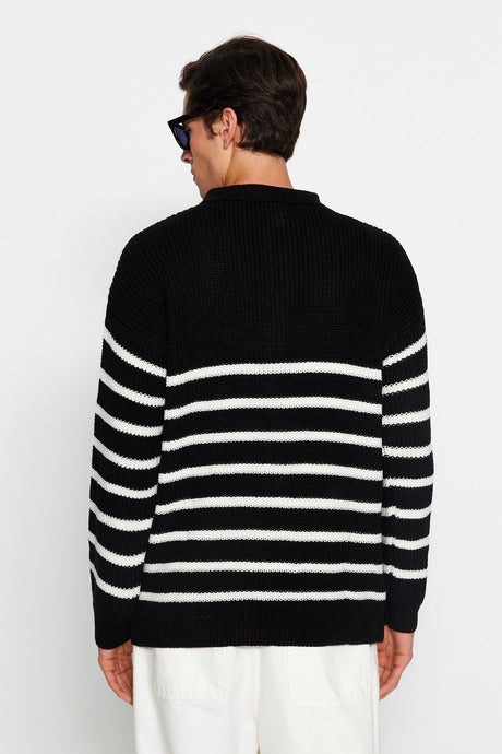 Black Mens Oversize Fit Wide Pattern Polo Collar Striped Knitwear Sweater Tmnaw24kz00018