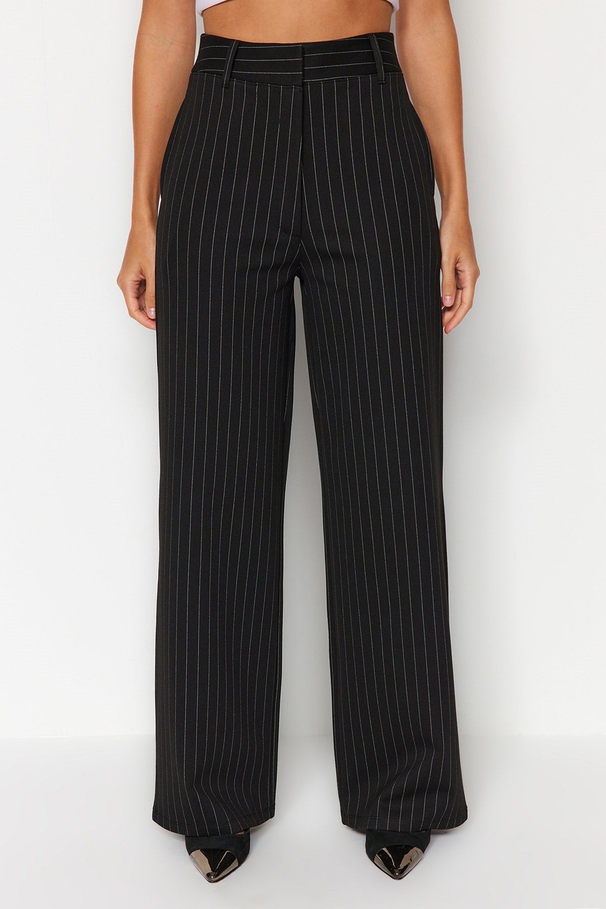 Black Striped Straight Fit High Waist Knitted Pants Twoaw24pl00222