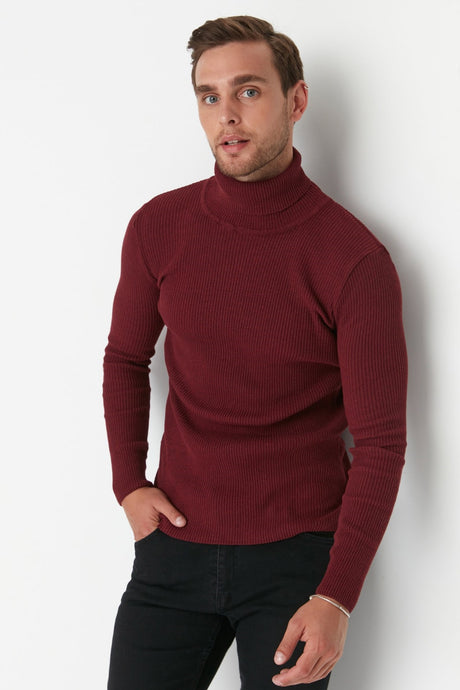 Grey Men's Slim Fit Turtleneck Ribbed Knit Basic Sweater Tmnaw20mg0031