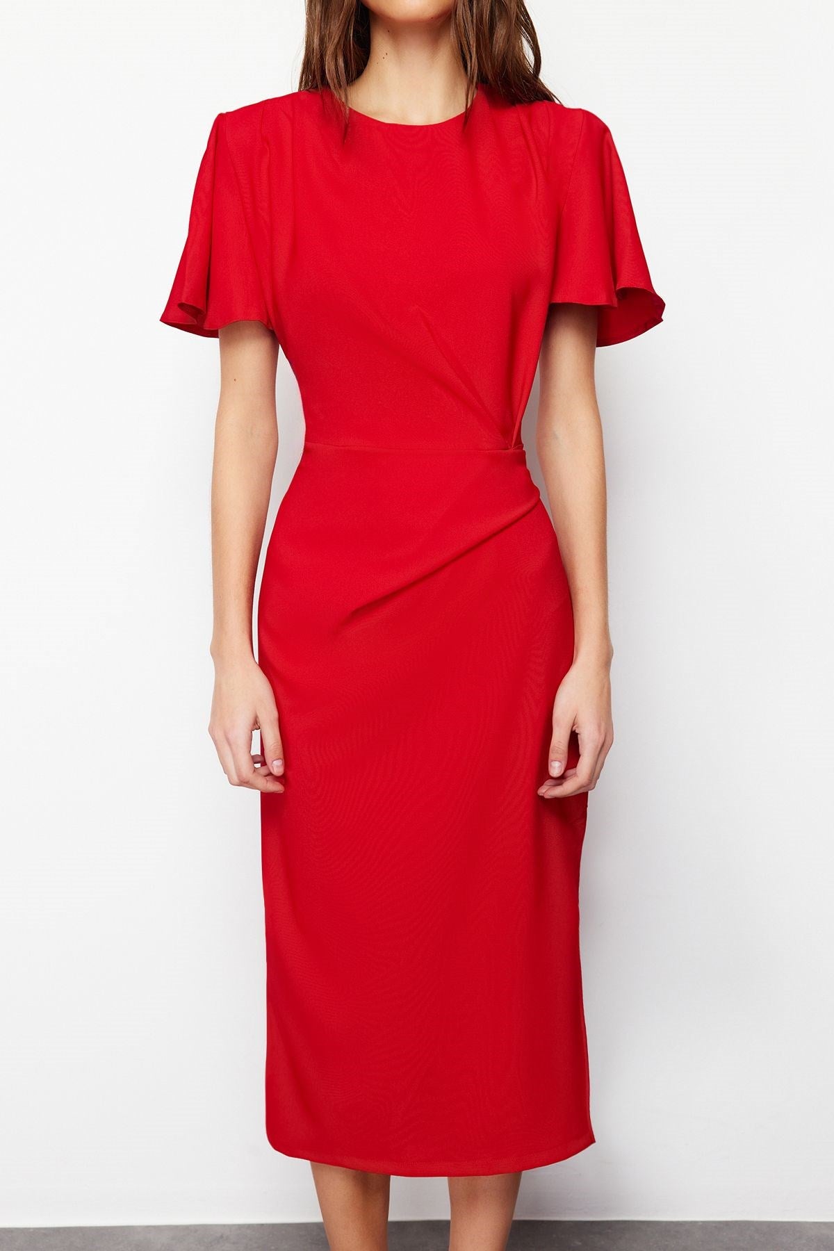 Red Straight Cut Ruffle Midi Woven Dress Twoss24el00713