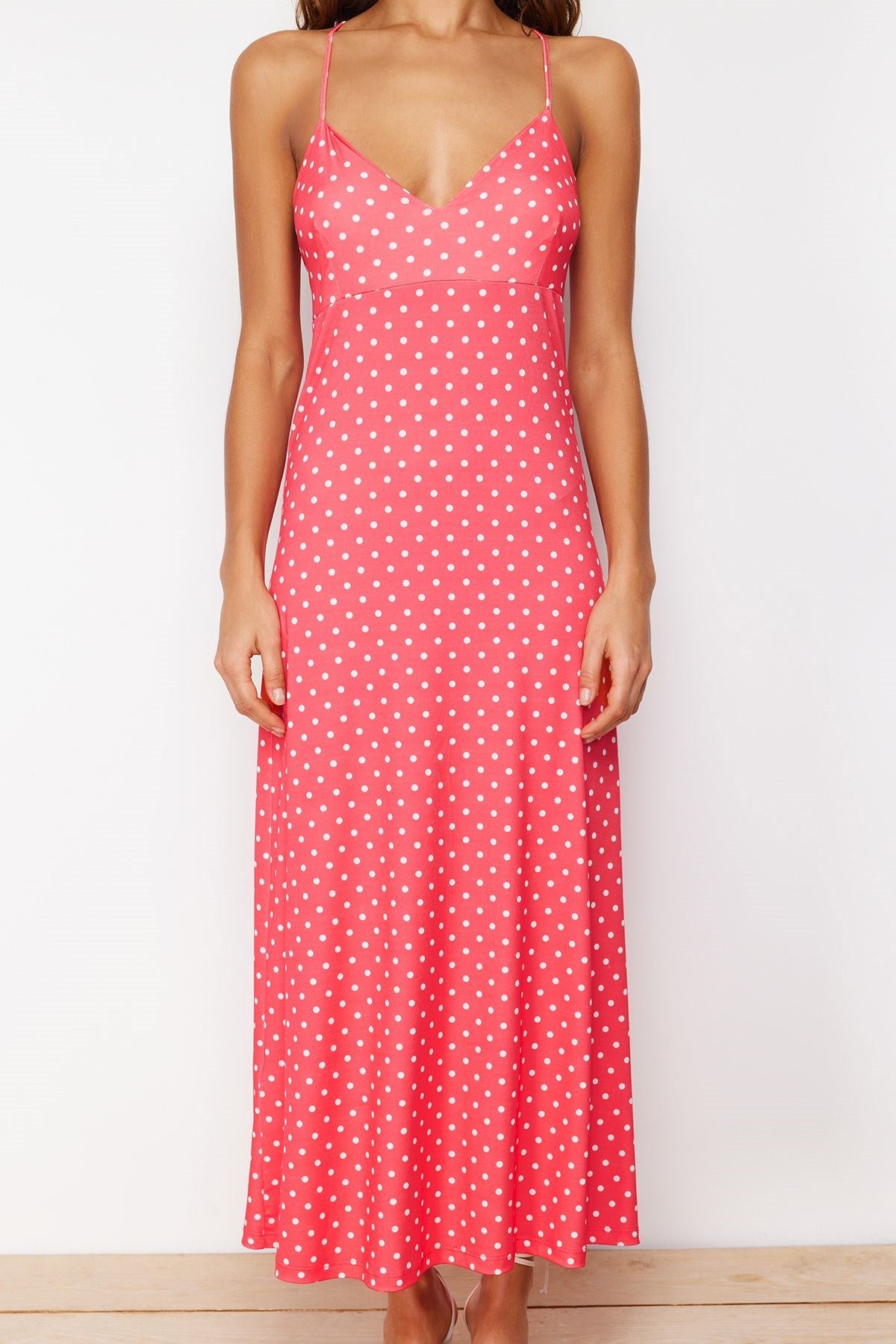 Red Polka Dot A Cut/bell Form Back Detailed Flexible Knitted Maxi Dress Twoss24el00582