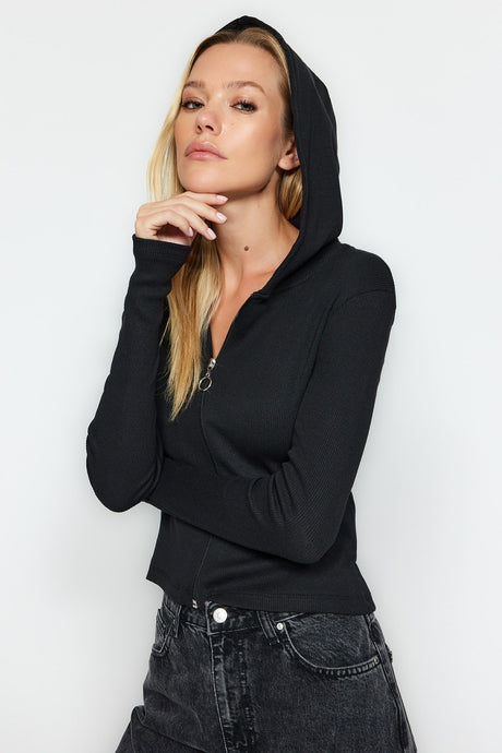 Black Hooded And Zippered Ribbed Fitted/body-fitting Crop Flexible Knit Blouse Twoaw24bz00364