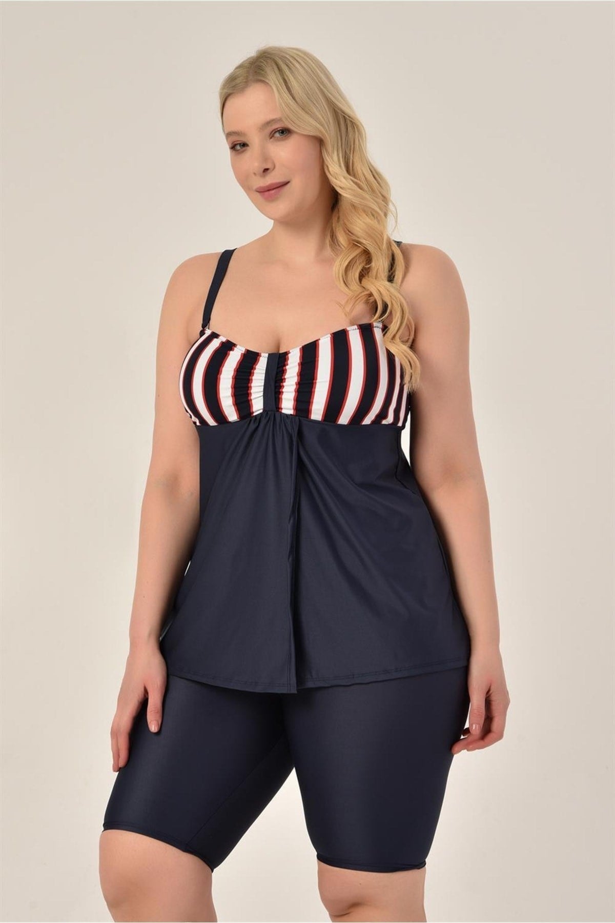 Women's Plus Size Navy Striped Jumper Double Breasted Detailed Shorts Tankini 20231981