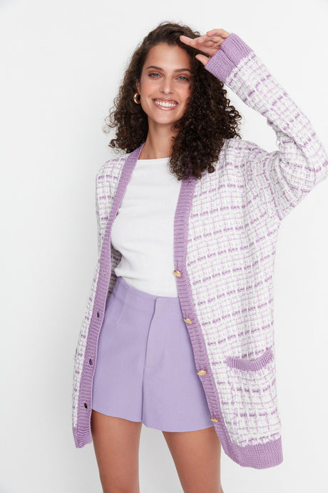 Lilac Wide Pattern Tweed Look Silvery Knit Cardigan Twoaw21hi0250