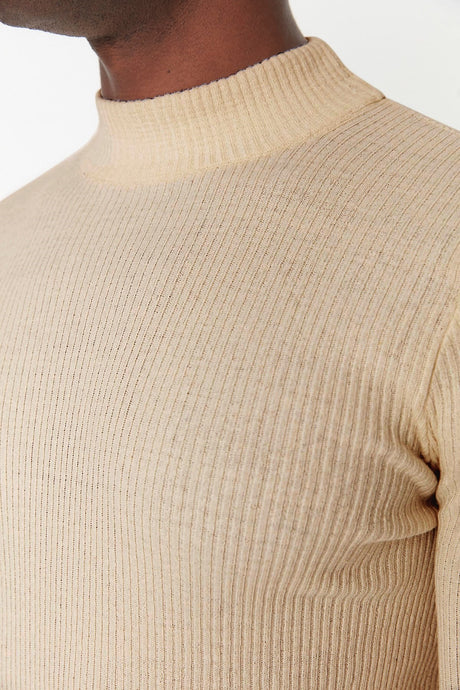 Brown Men's Fitted Slim Fit Half Turtleneck Ribbed Knitwear Sweater Tmnaw21kz0568