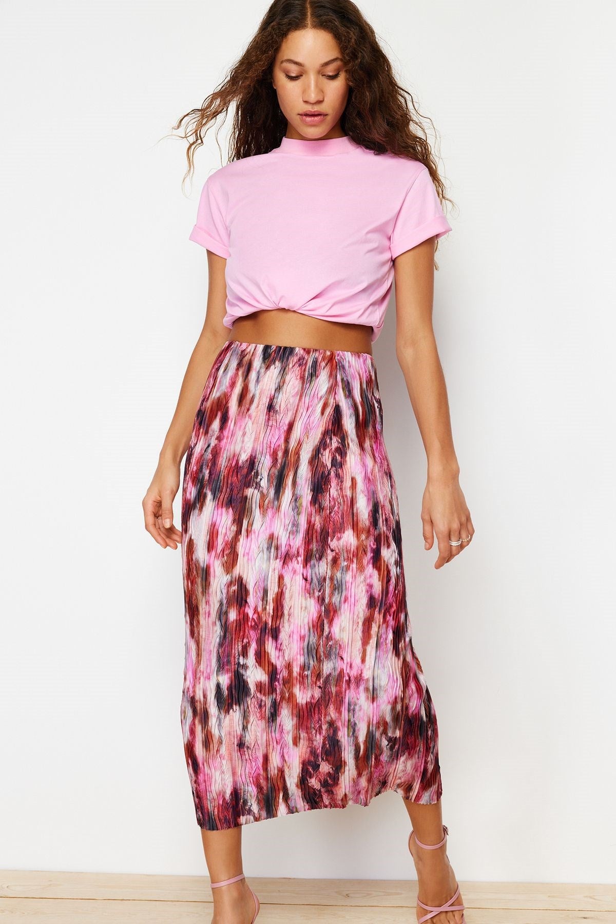 Red Printed Pleated Maxi Knitted Skirt Twoss24et00055