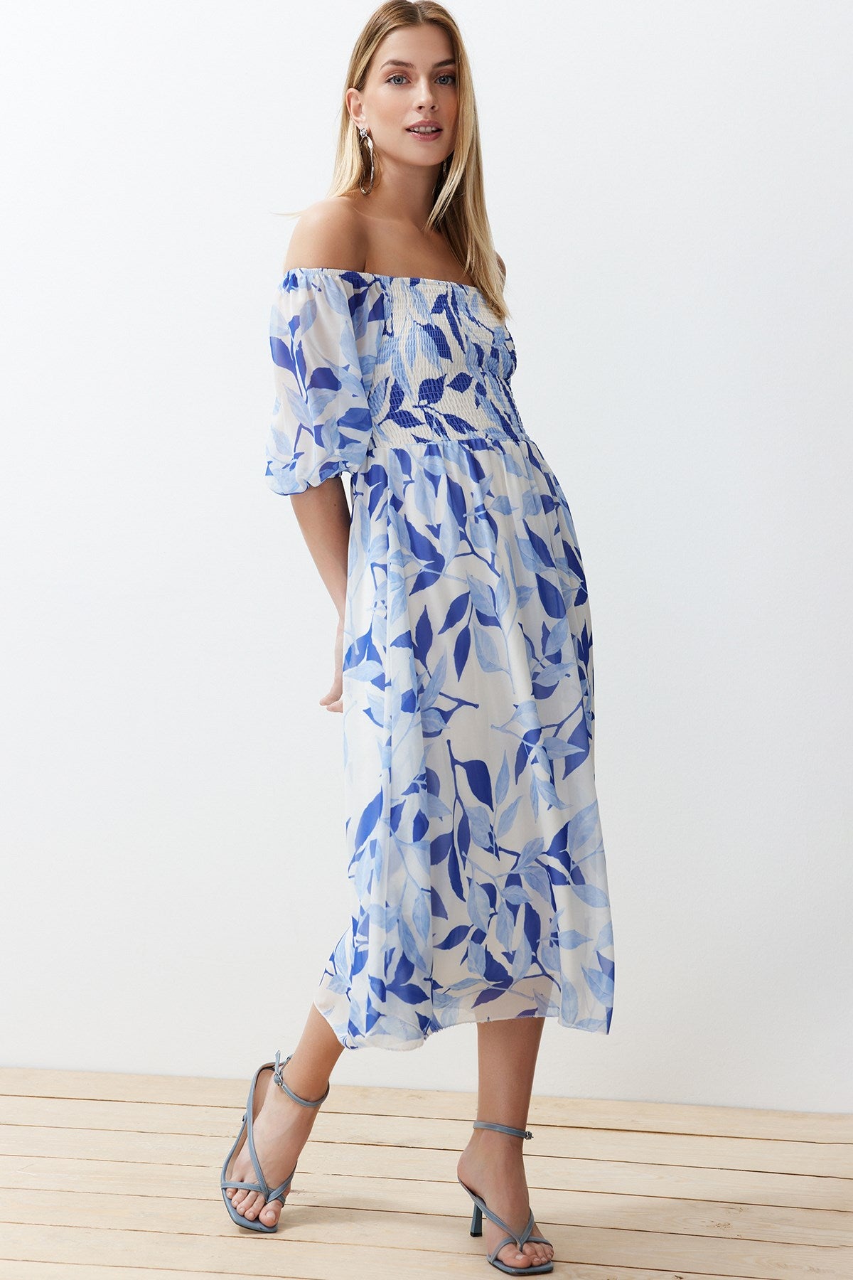 Blue Floral Skater Chiffon Maxi Woven Dress Twoss24el00840