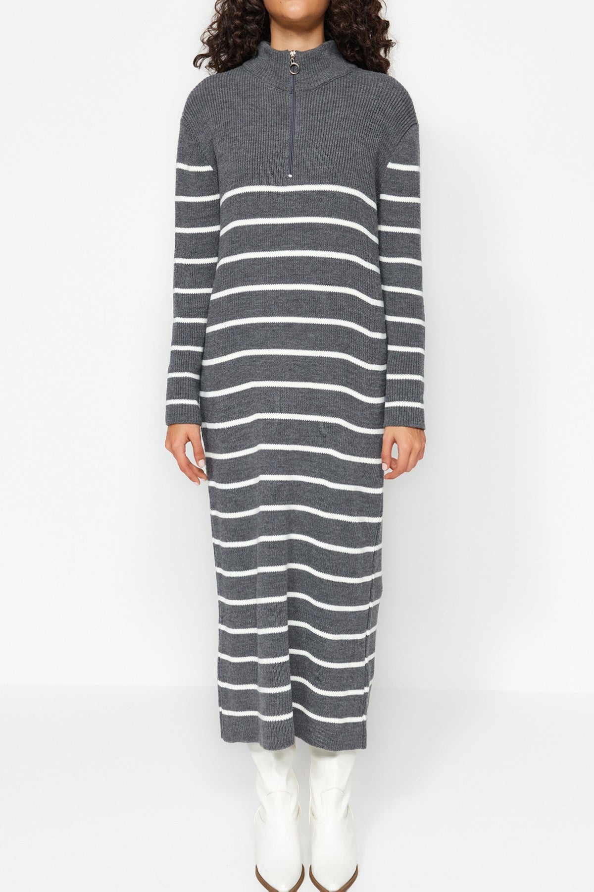 Black Striped Zipper Detailed Knitwear Dress Tctaw24eb00019