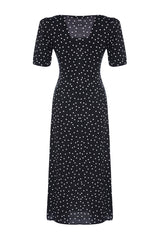 Black Polka Dot Print A-cut Midi Woven Viscose Patterned Dress Twoss23el00487