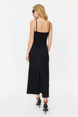 Black Striped Strappy Bodycone/body Wrapping Knitted Maxi Pencil Dress Twoss24el00290