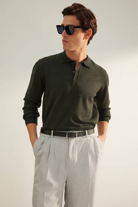 Men's Dark Green Regular Fit Polo Collar Limited Edition Basic Knitwear Sweater Tmnaw24kz00067