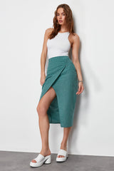 Green Linen Look Buckle Detailed Double-breasted Closure Midi Woven Skirt Twoss24et00130