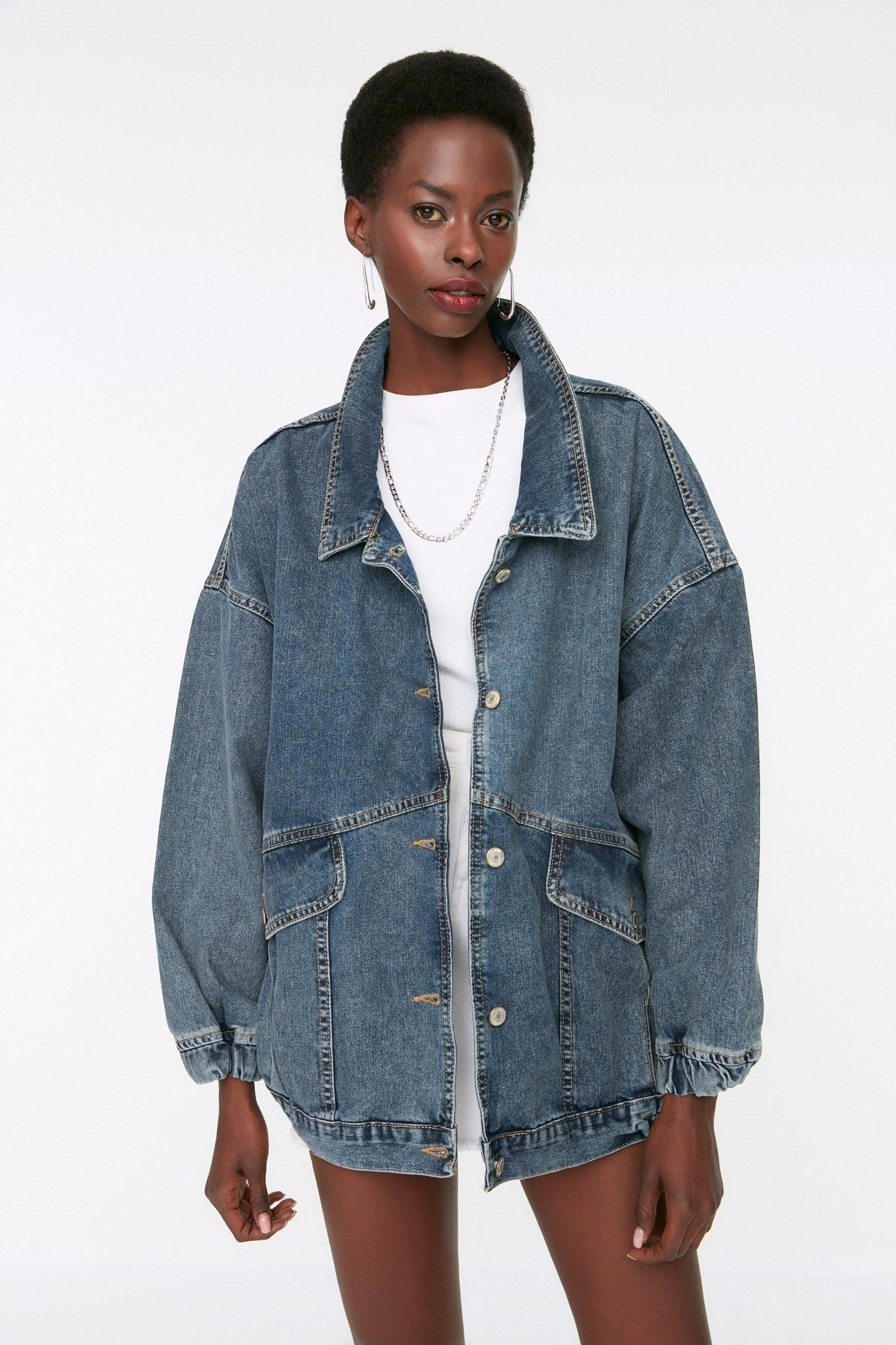 Blue Pocket Detailed Oversize Denim Jacket Twoss21ce0289