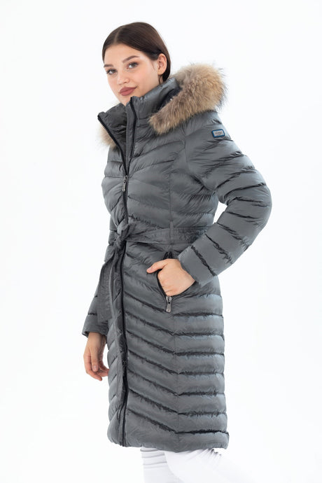 Women's Long Removable Fur Hooded Padded Waist Belt Waterproof Inflatable Coat 8529 1001m8529