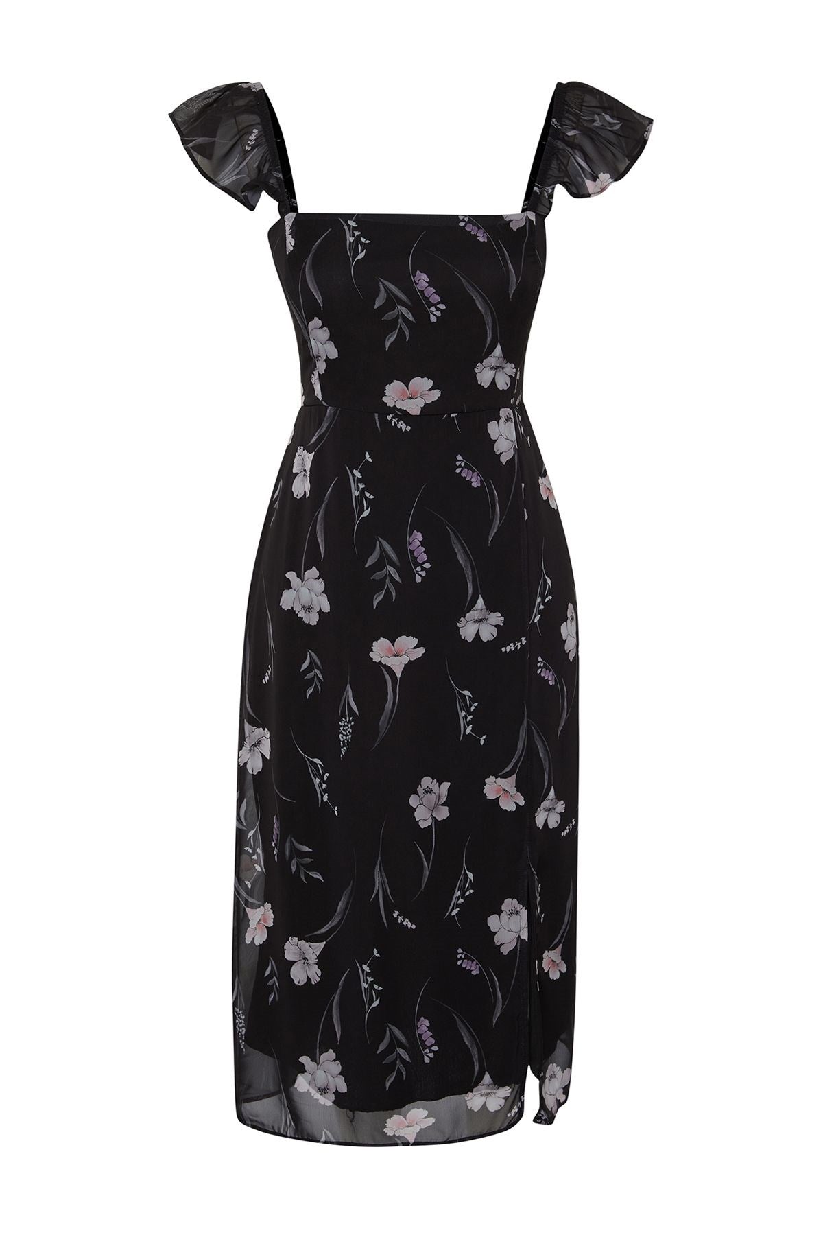 Black Floral A Cut Sleeves Frilled Midi Woven Dress Twoss24el00537