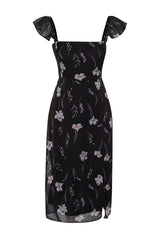 Black Floral A Cut Sleeves Frilled Midi Woven Dress Twoss24el00537