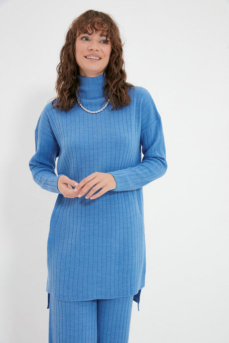 Blue Half Turtleneck Ribbed Sweatshirt-pants Knitwear Suit Tctaw22us0101