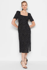 Black Polka Dot Print A-cut Midi Woven Viscose Patterned Dress Twoss23el00487