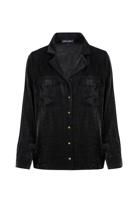 Women's Black Pocket Detailed Classic Shirt Lg-oz307-gmk