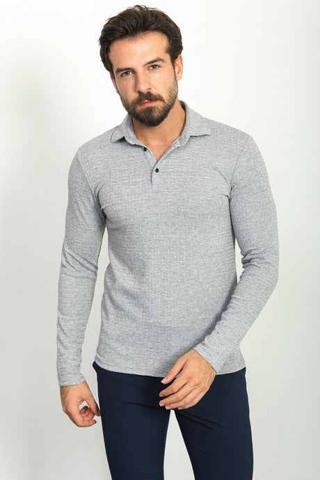 Patterned Gray Color Slim Fit Polo Neck Long Sleeve Men's T-shirt 36758.22k