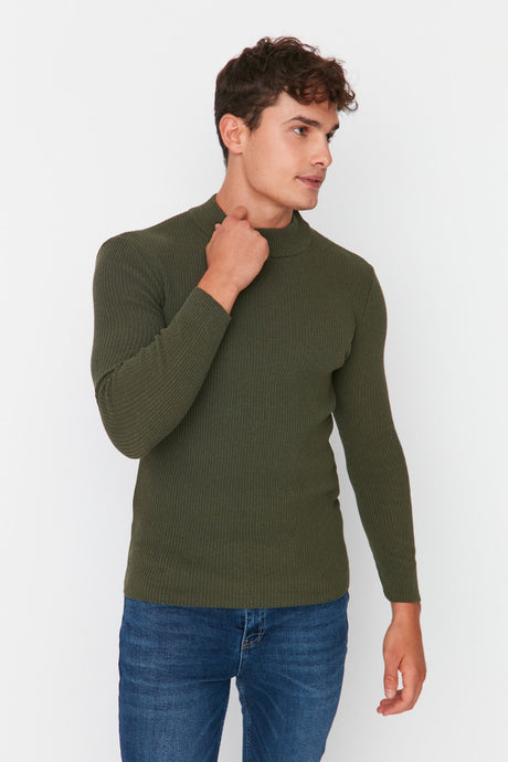 Brown Men's Fitted Slim Fit Half Turtleneck Ribbed Knitwear Sweater Tmnaw21kz0568