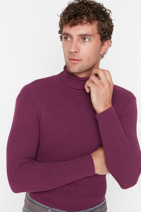 Grey Men's Slim Fit Turtleneck Ribbed Knit Basic Sweater Tmnaw20mg0031