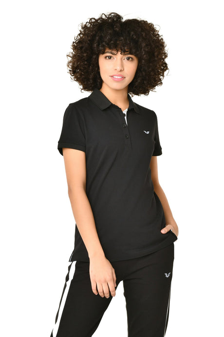 Women's Black Cotton Polo Neck Basic Solid Color Short Sleeve Casual And Sports T-shirt 8719 Tb21wl0