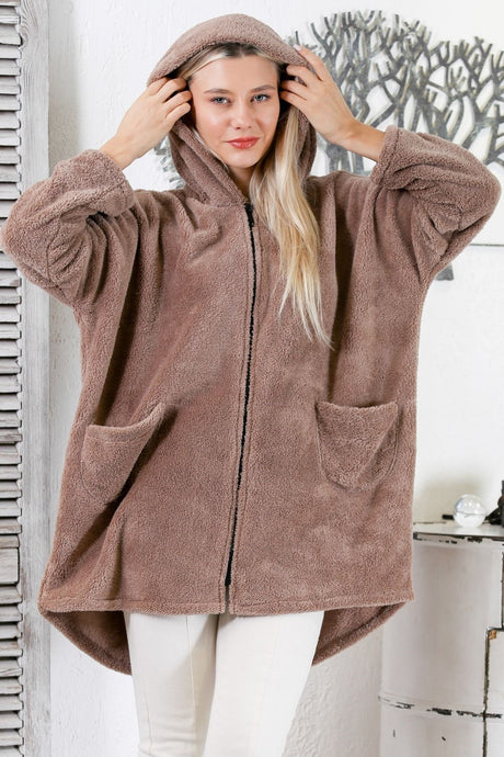 Cream Long Sleeve Zipper Double Pocket Hooded Teddy Woven Oversize Plush Jacket M10210100ce98322