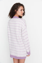 Lilac Wide Pattern Tweed Look Silvery Knit Cardigan Twoaw21hi0250