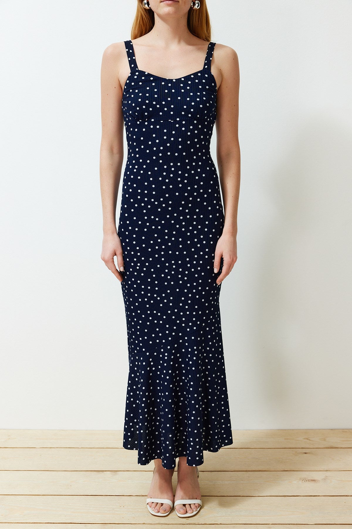 Navy Blue Patterned Strappy Body-fitting Ribbed Flexible Knitted Maxi Pencil Dress Twoss24el00682