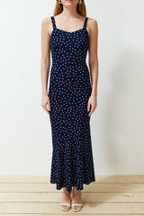 Navy Blue Patterned Strappy Body-fitting Ribbed Flexible Knitted Maxi Pencil Dress Twoss24el00682