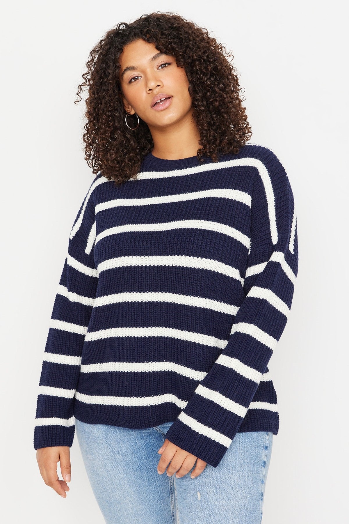 Navy Blue Striped Low Shoulder Knitwear Sweater Tbbaw23an00195