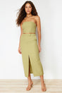 Khaki Premium Straight Front Slit Midi Length Woven Skirt Twoss24et00071