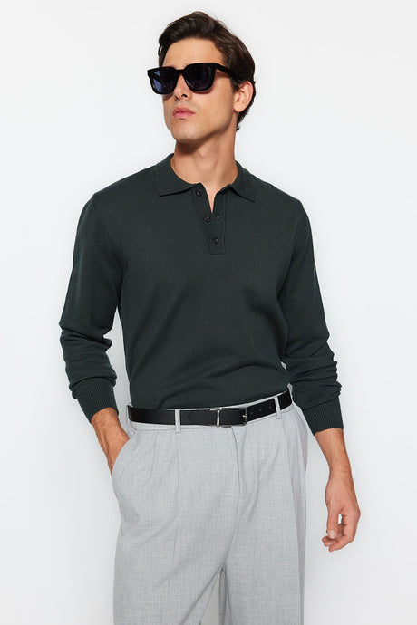 Men's Dark Green Regular Fit Polo Collar Limited Edition Basic Knitwear Sweater Tmnaw24kz00067